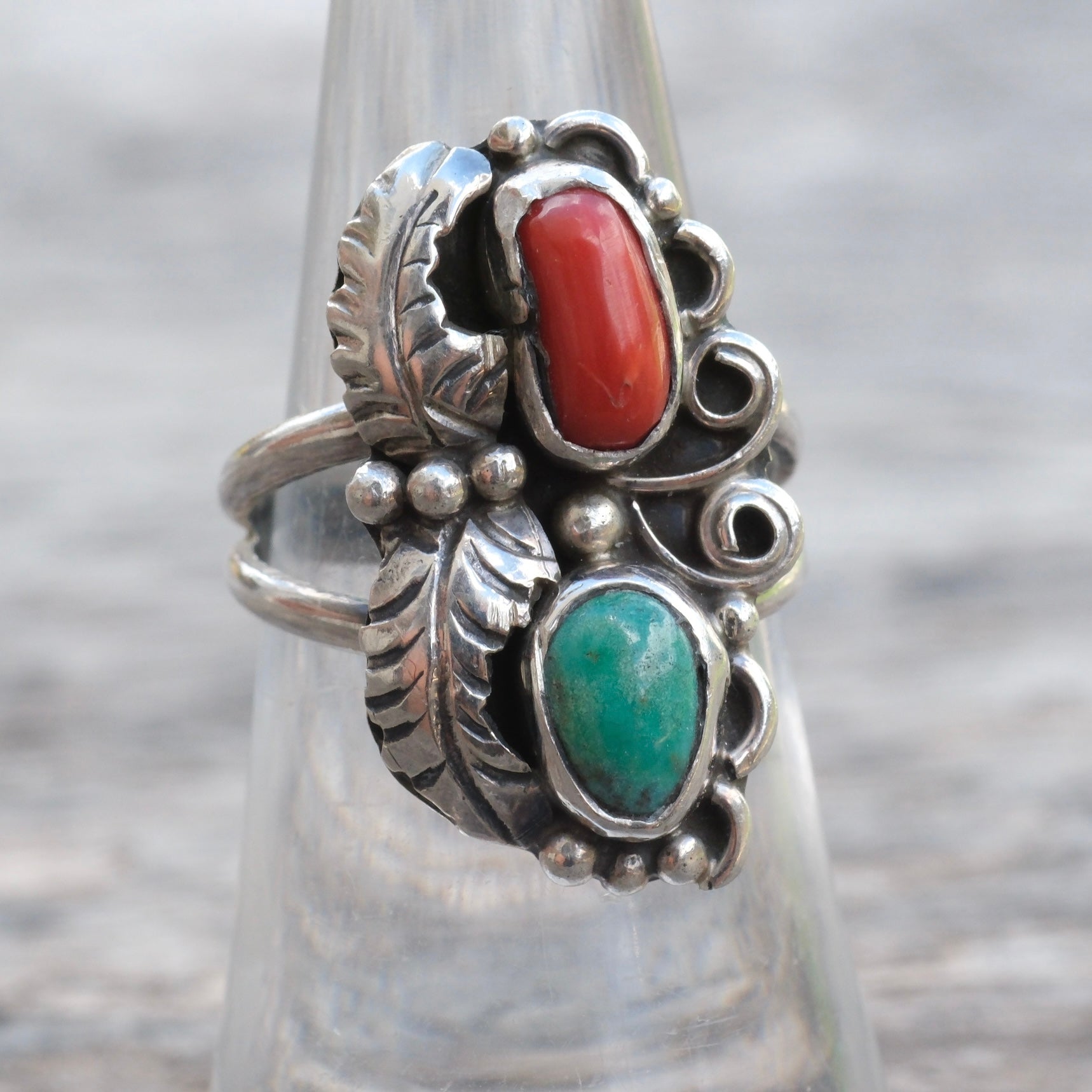 Vintage Sterling Turquoise and Coral Feather Ring 6.5