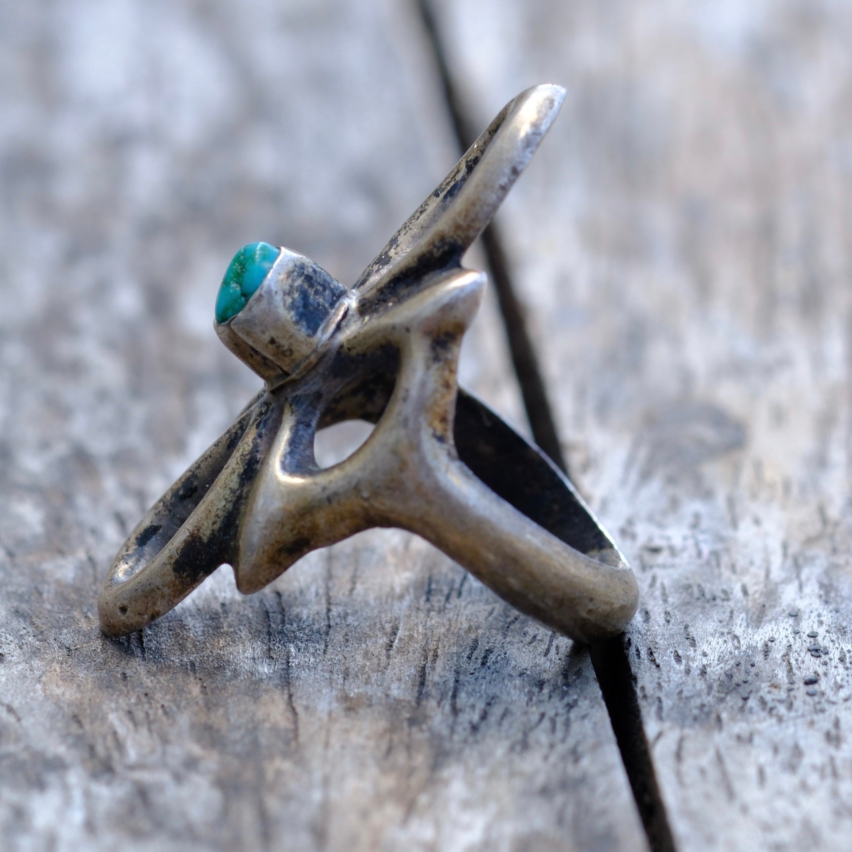 Vintage Sterling Turquoise Sand Cast Ring 6.5