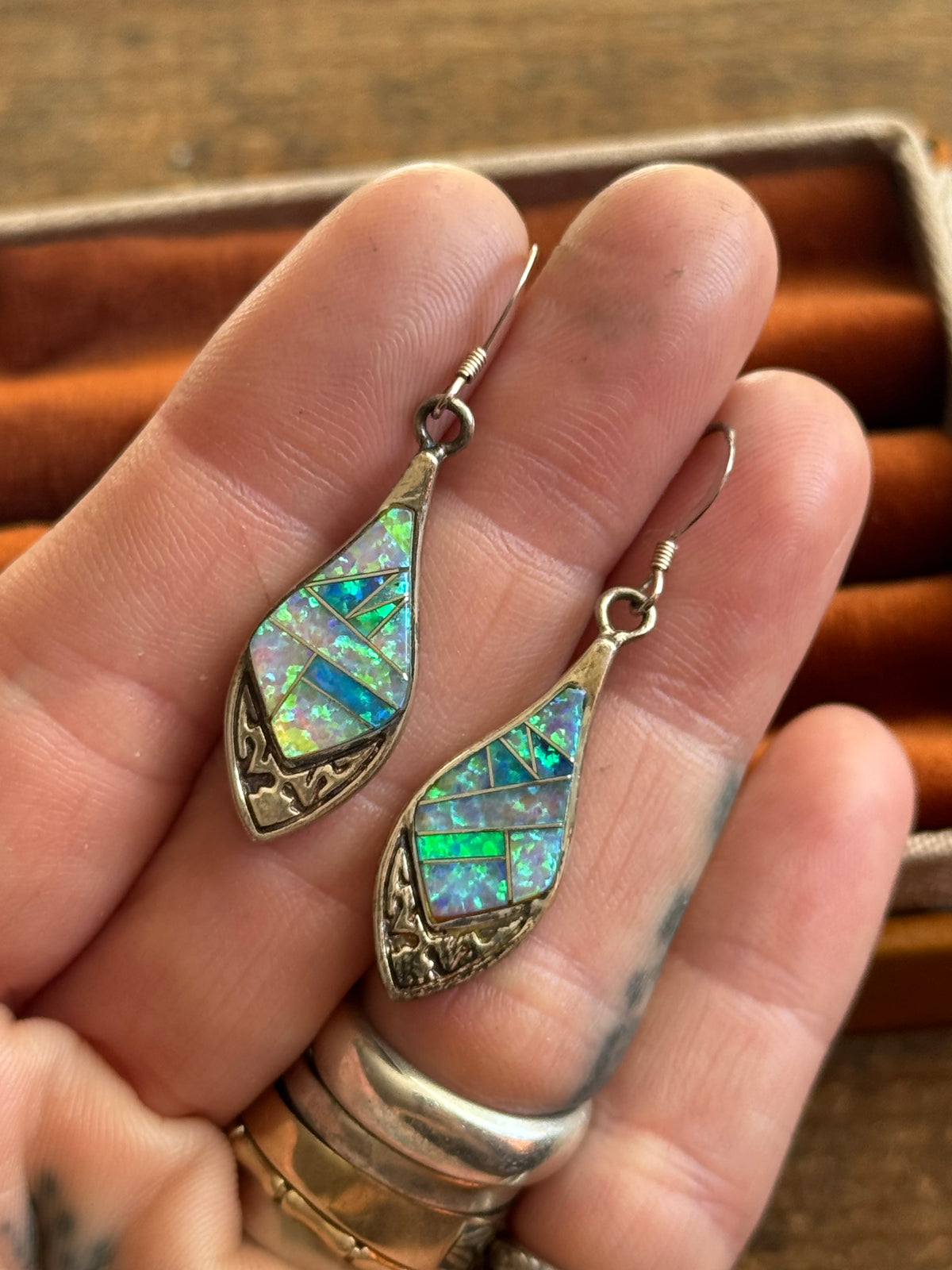Vintage Sterling Silver Galaxy Opal Inlay Shield Earrings