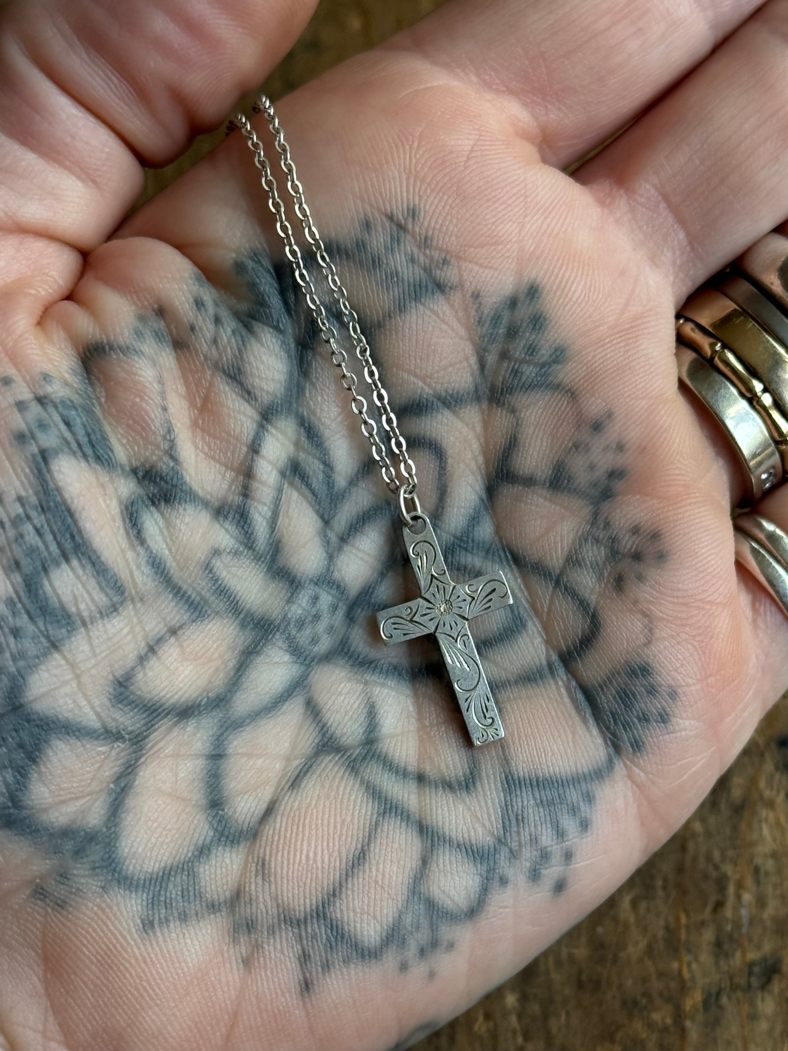 Vintage Sterling Silver Etched Cross Necklace