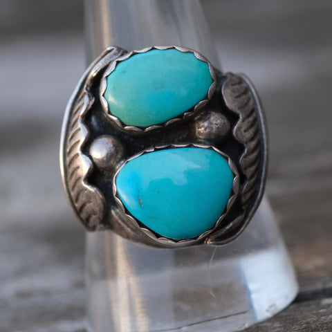 Vintage Sterling 2-Stone Turquoise Feather Ring 10.25