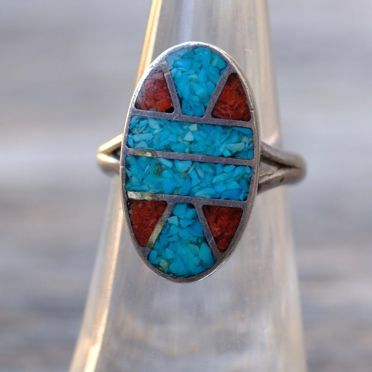 Vintage Sterling Turquoise and Coral Inlay Ring 5