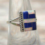 Vintage Sterling Opalite and Lapis Inlay Ring 7