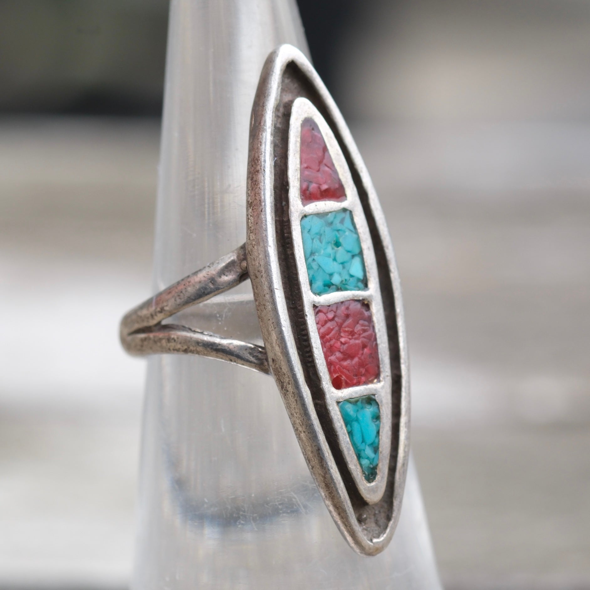 Vintage Sterling Turquoise and Coral Inlay Ring 4