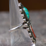 Vintage Sterling Turquoise and Coral Feather Ring 7.75