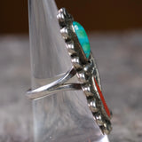 Vintage Sterling Turquoise and Coral Feather Ring 7.75