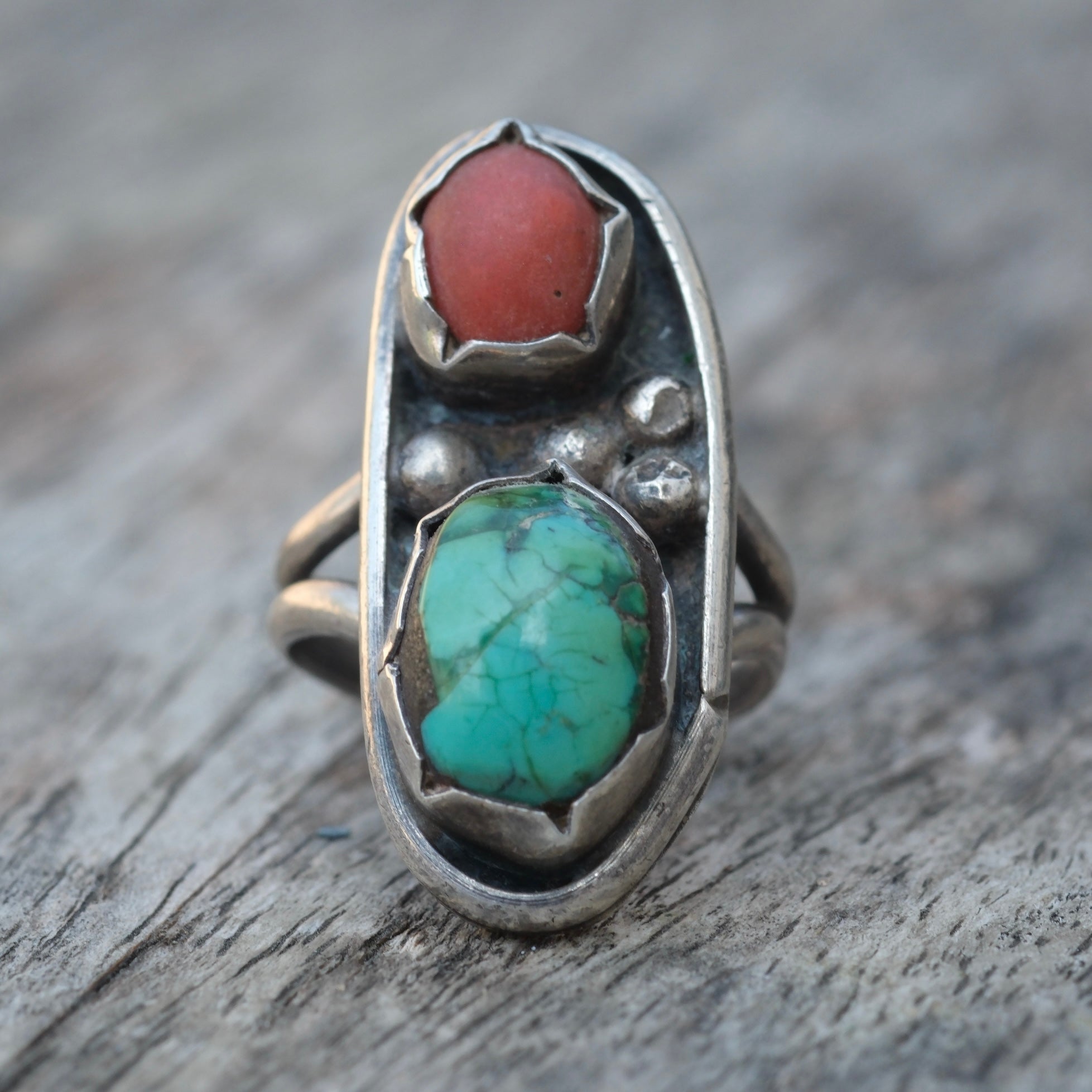 Vintage Sterling Turquoise and Coral Ring 3.5