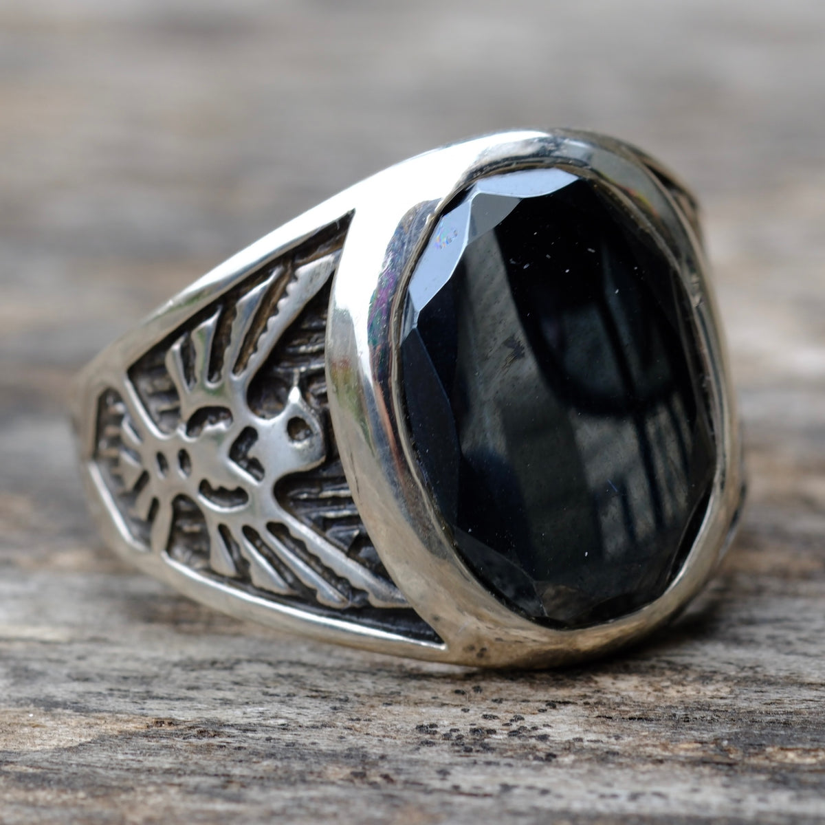 Vintage Sterling Hematite Thunderbird Ring 13