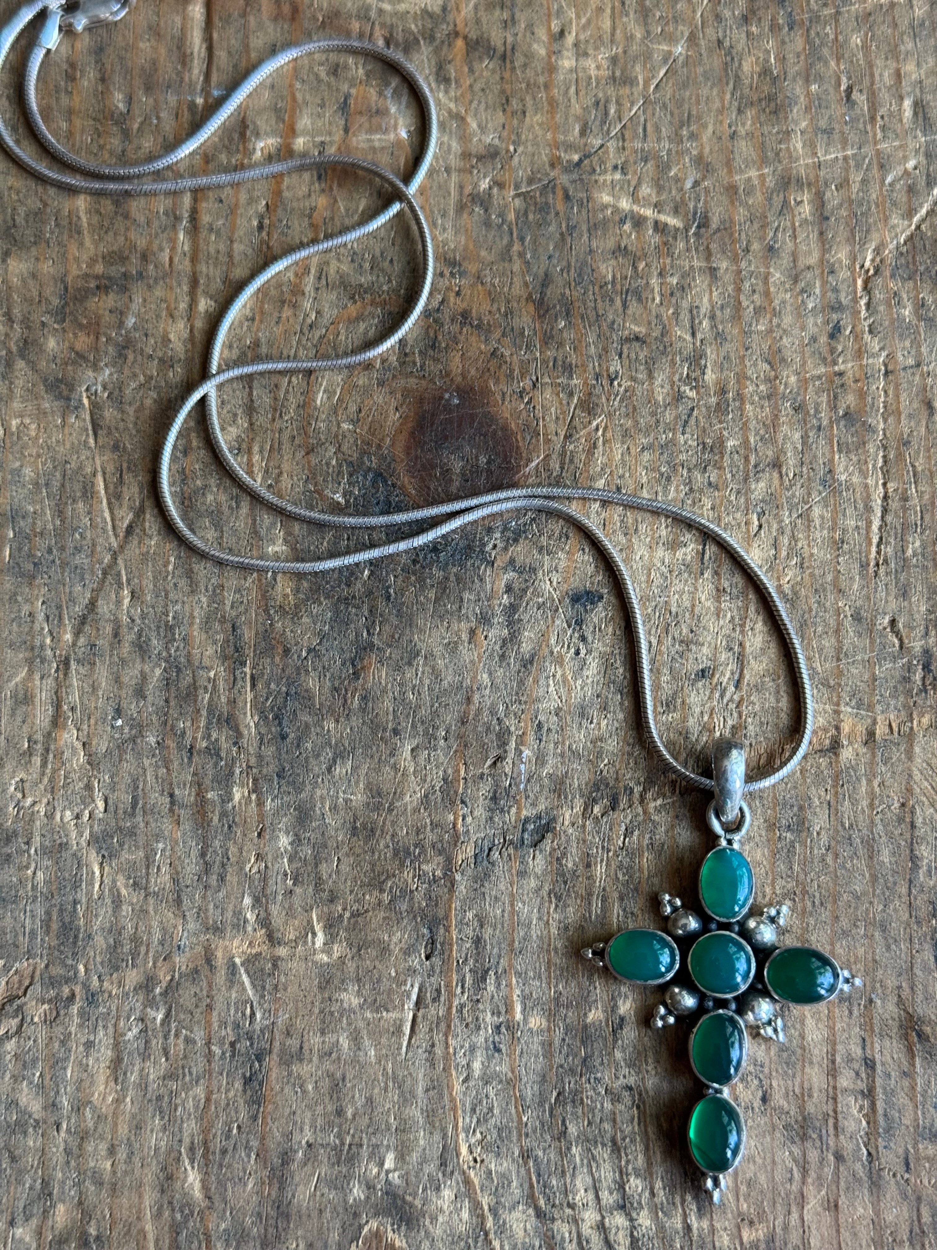 Vintage Sterling Silver Green Glass Cross Necklace