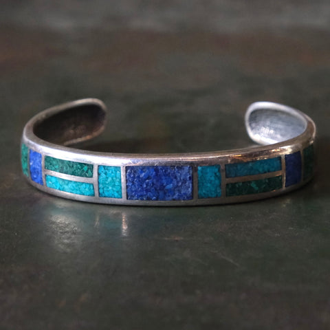 Vintage Sterling Crushed Lapis and Turquoise Inlay Cuff