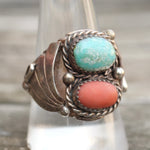 Vintage Sterling Turquoise and Coral Ribbed Band Ring 10.75