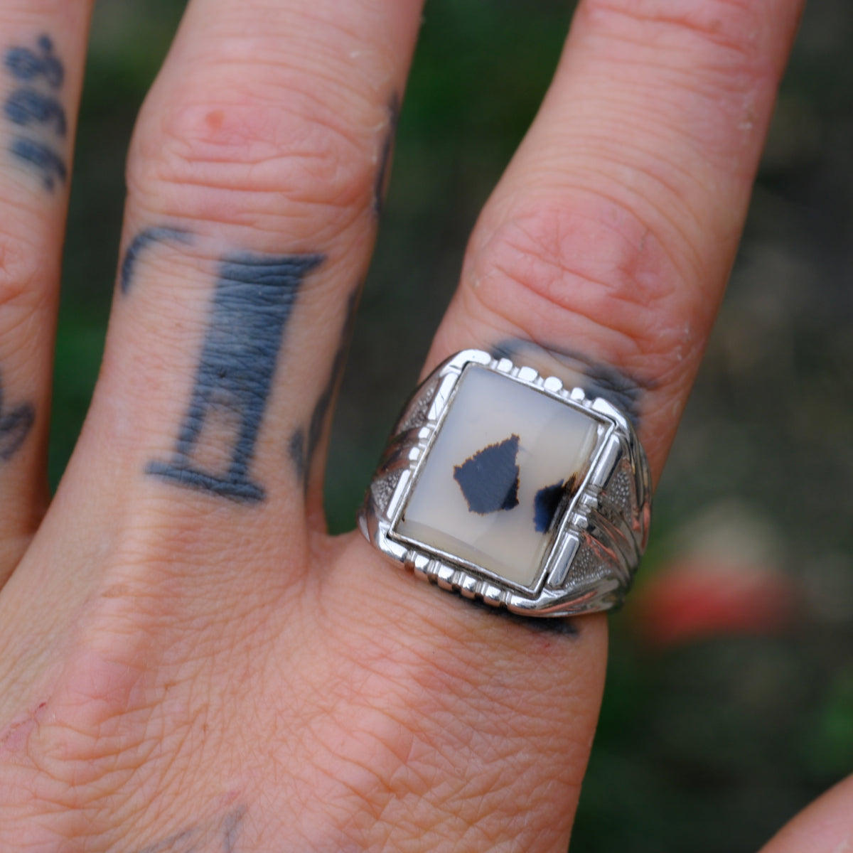 Vintage Sterling Agate Signet Ring 10.5