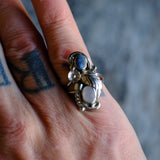 Vintage Sterling Lapis and Mother Of Pearl Feather Ring 6.75