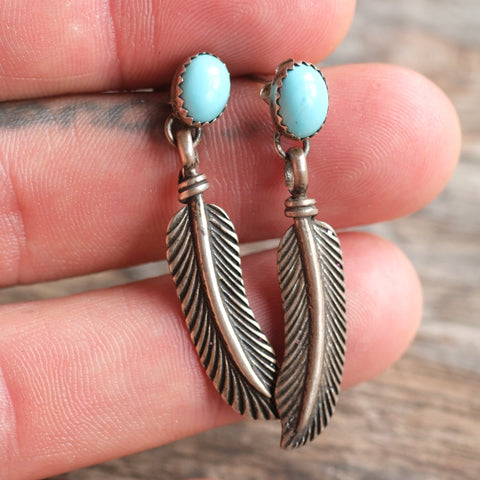Vintage Sterling Turquoise Feather Earrings