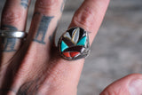 Vintage Sterling Multistone Inlay Thunderbird Ring 12.25