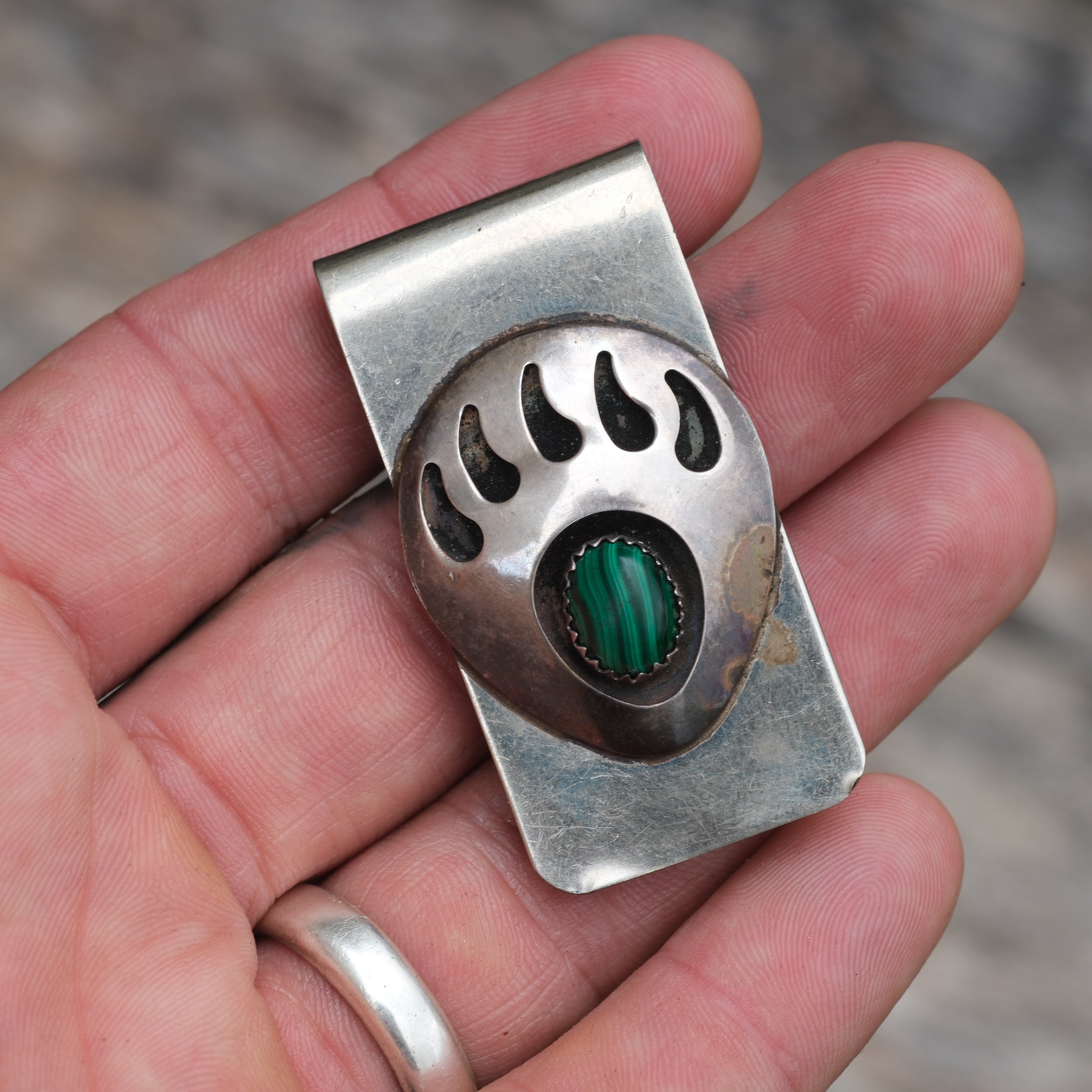 Vintage Sterling Overlay Malachite Bear Paw Money Clip