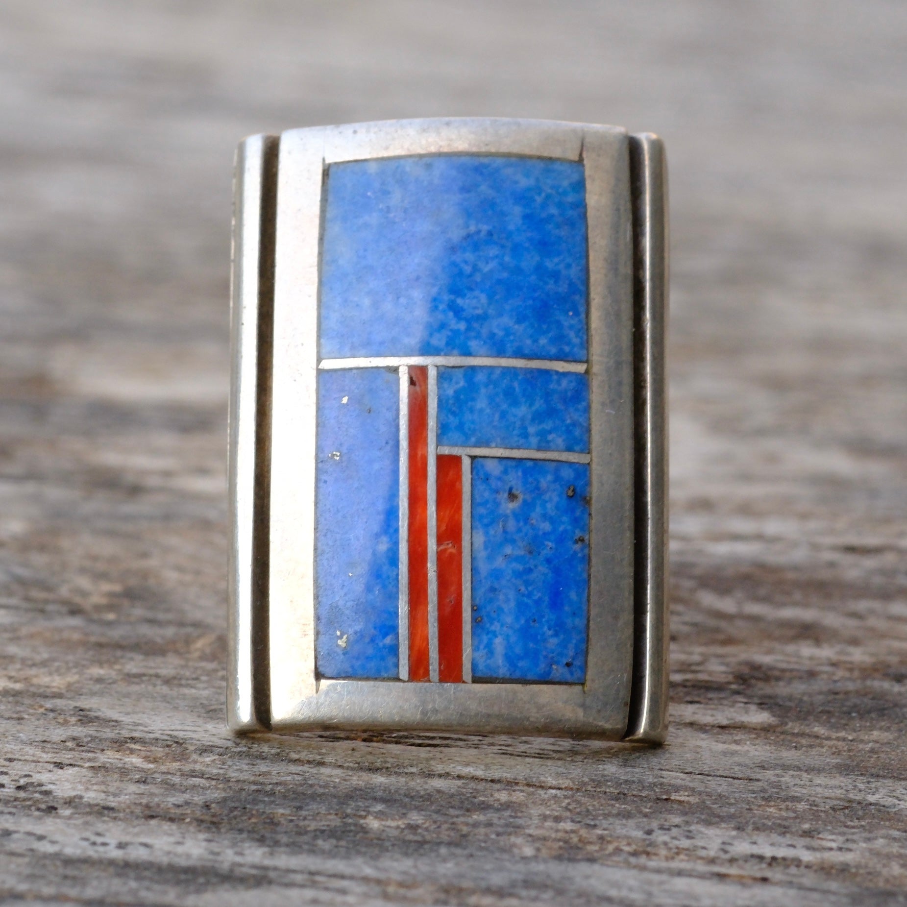 Vintage Sterling Sodalite and Coral Inlay Mosaic Ring 6.25