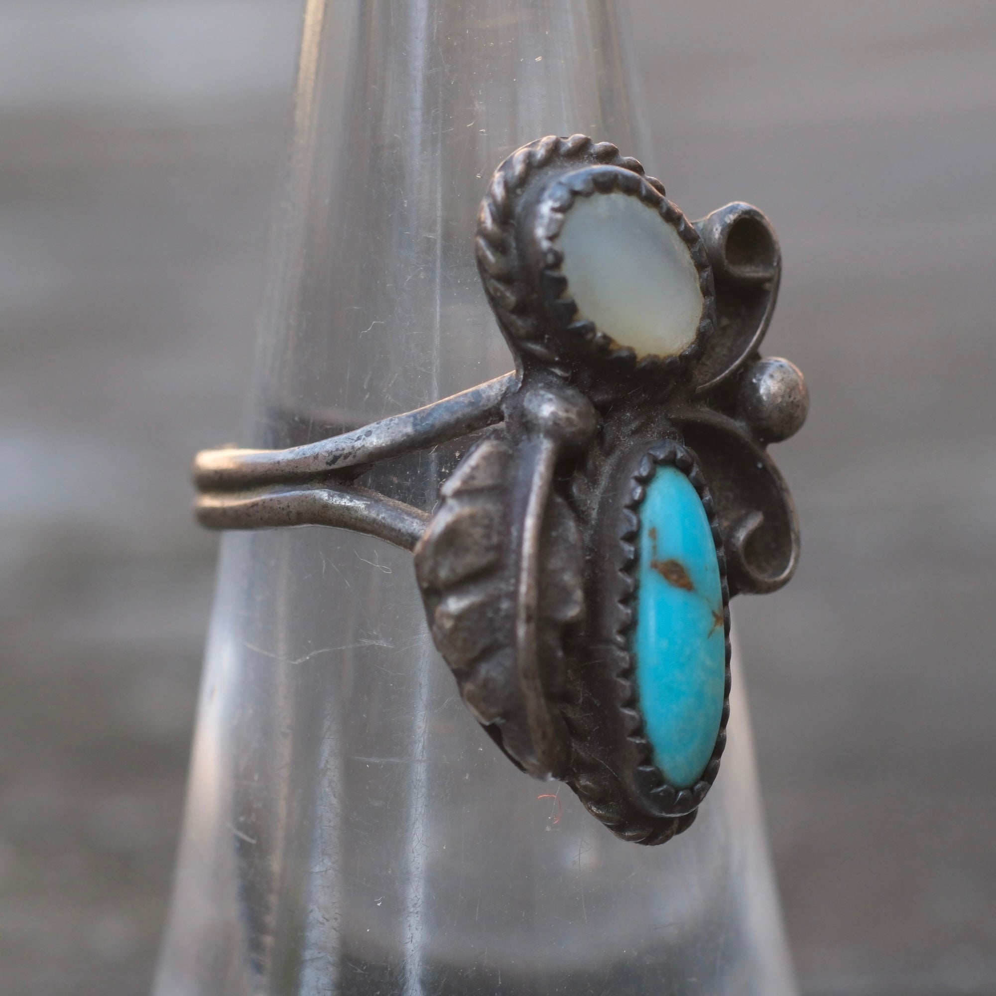 Vintage Sterling Turquoise and Mother Of Pearl Ring  6.25