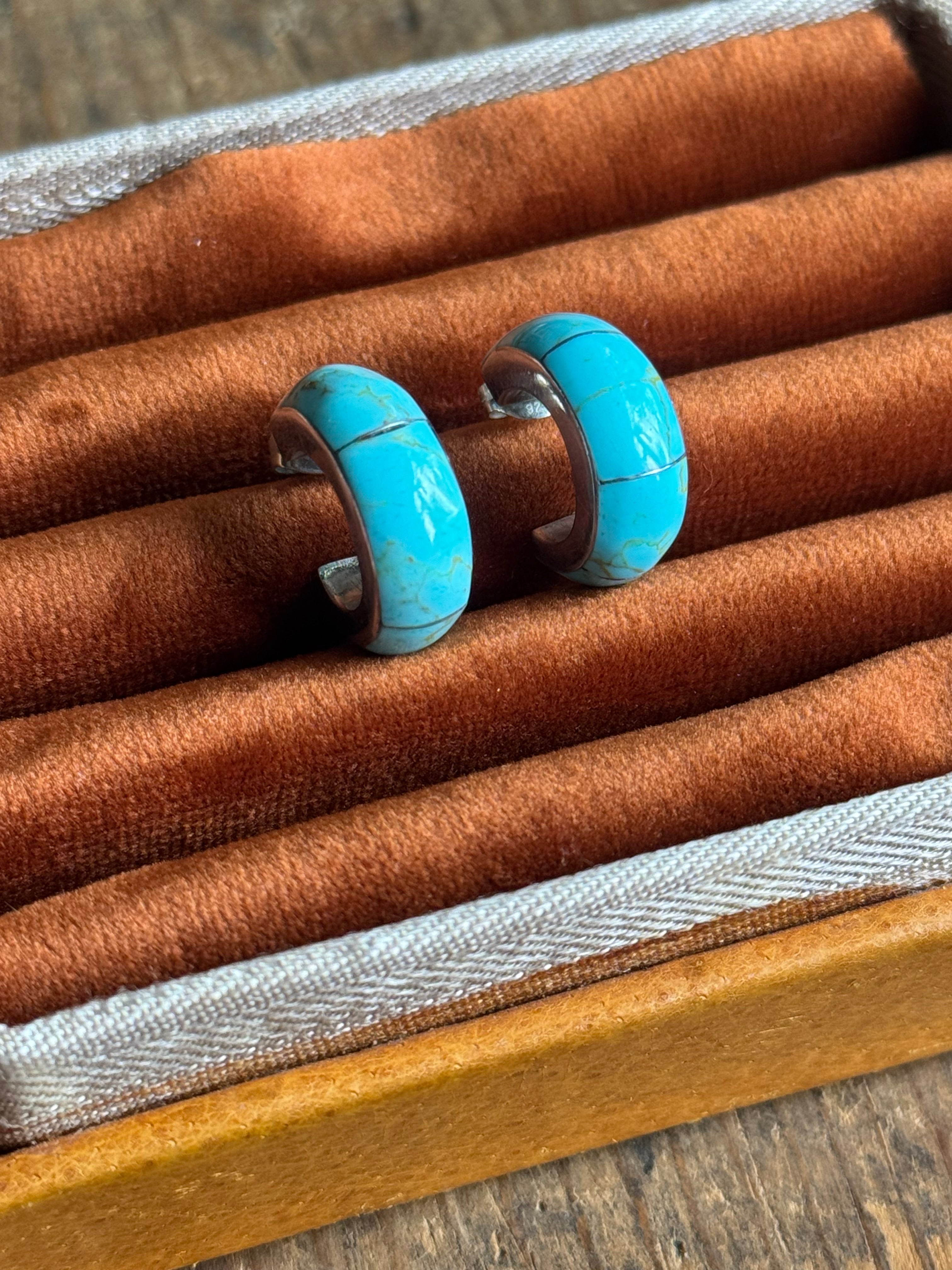 Vintage Sterling Silver Turquoise Inlay Hoops