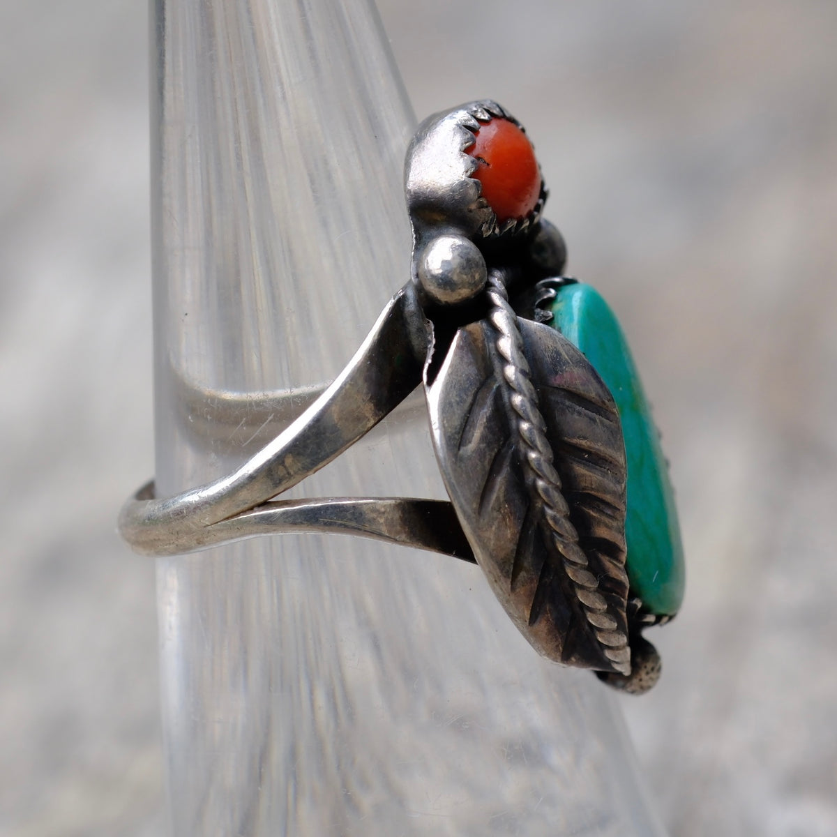 Vintage Sterling Turquoise and Coral Feather Ring 6.75