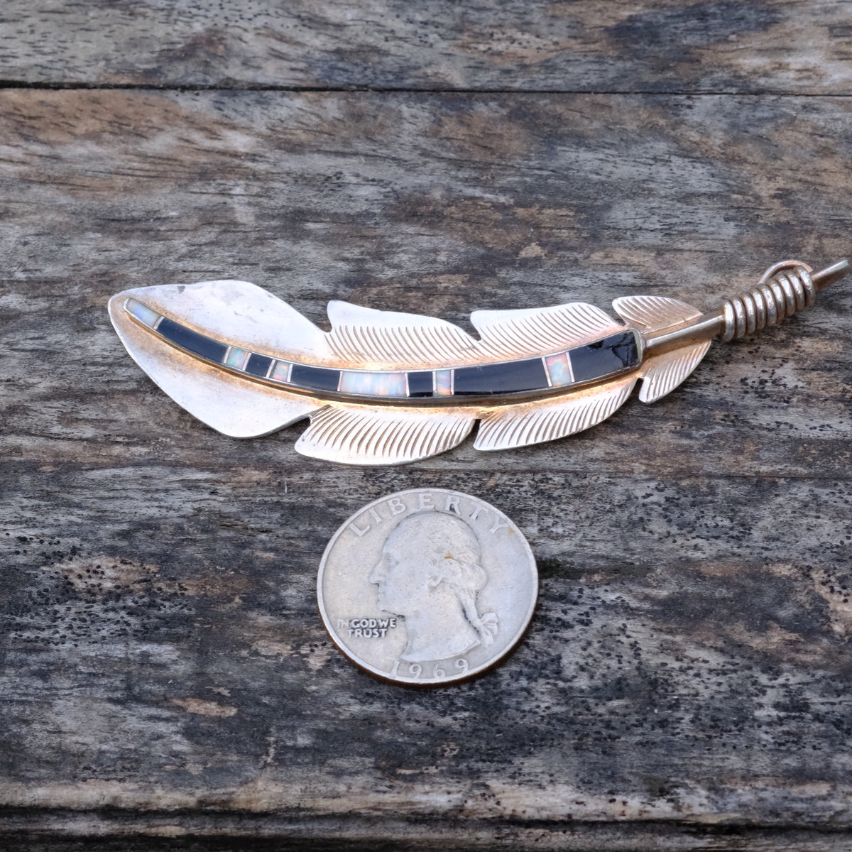 HUGE Vintage Sterling Onyx and Opalite Inlay Feather Pin