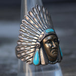 Vintage Sterling Turquoise Big Chief Ring 10.75