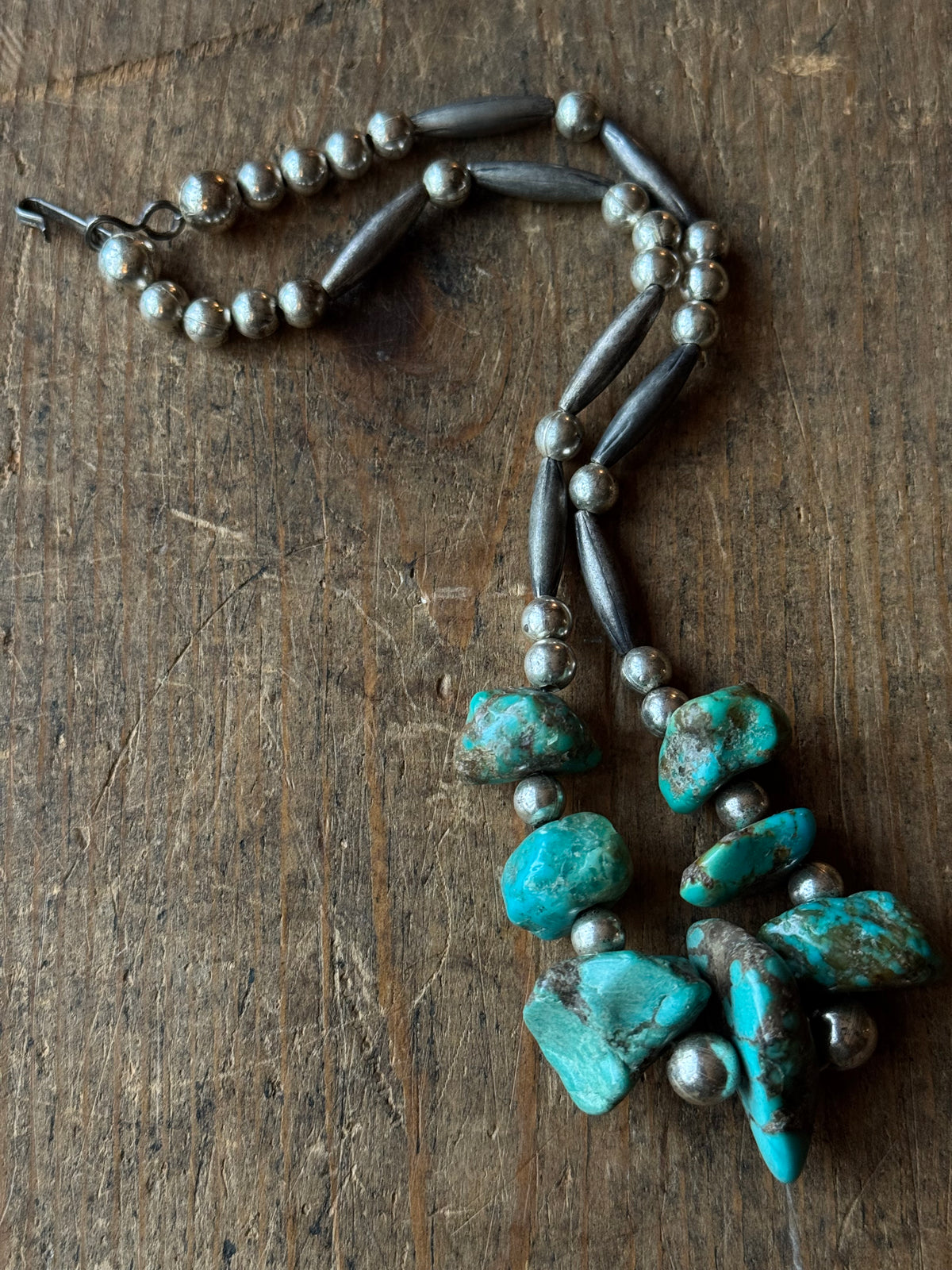 Vintage Sterling Silver Pawn Bead & Chunky Raw Turquoise Choker Necklace