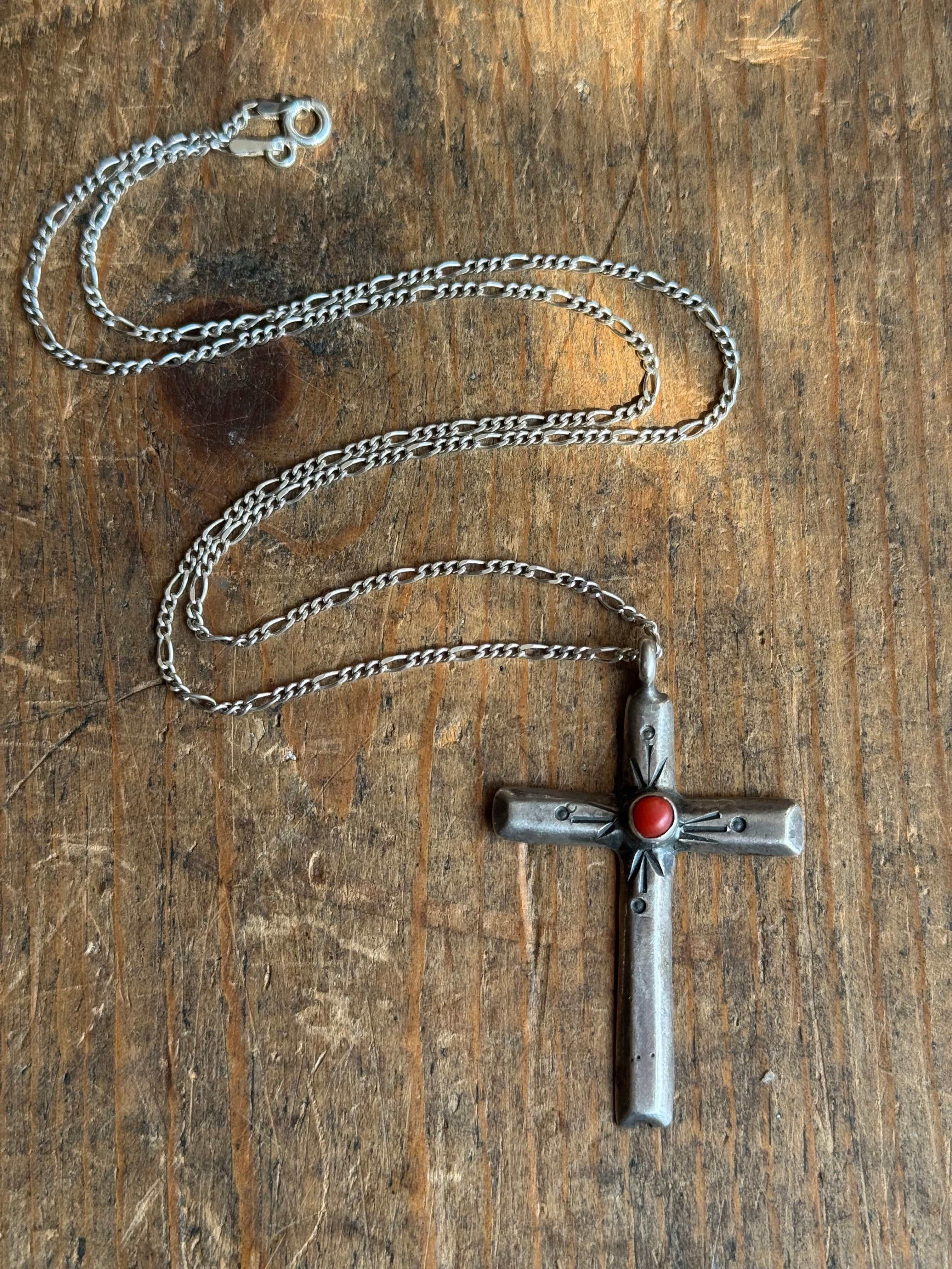 Vintage Sterling Silver Stamped Coral Cross 18" Necklace