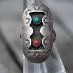 Vintage Sterling Turquoise and Coral Shadowbox Ring 6.75