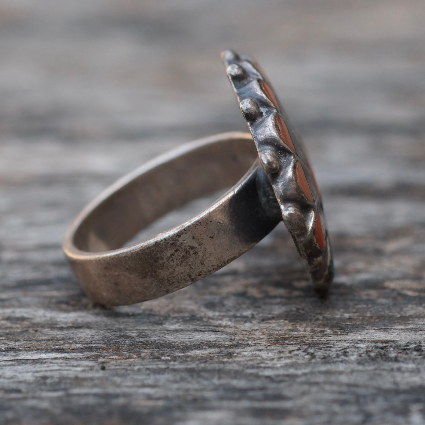 Older Vintage Sterling Multistone Inlay Headdress Ring 3.75