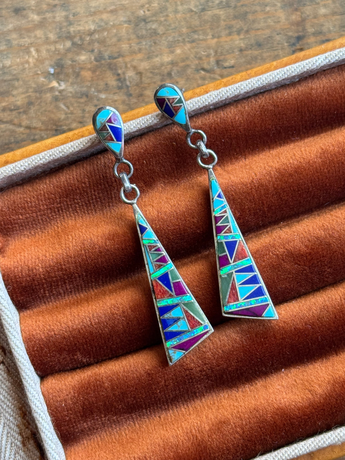 Vintage Sterling Silver Multistone Inlay Earrings