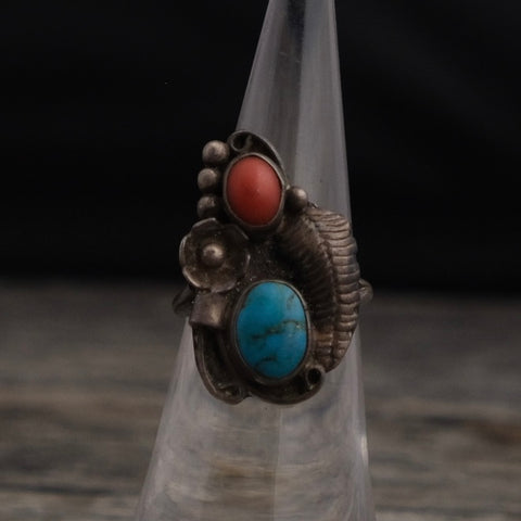 Vintage Sterling Turquoise and Coral Feather Ring 5.5