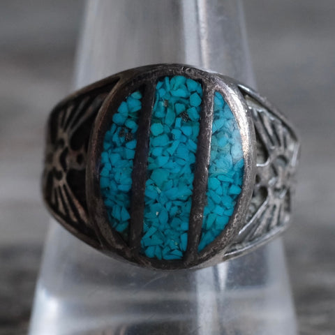 Vintage Sterling Crushed Turquoise Inlay Thunderbird Ring 11