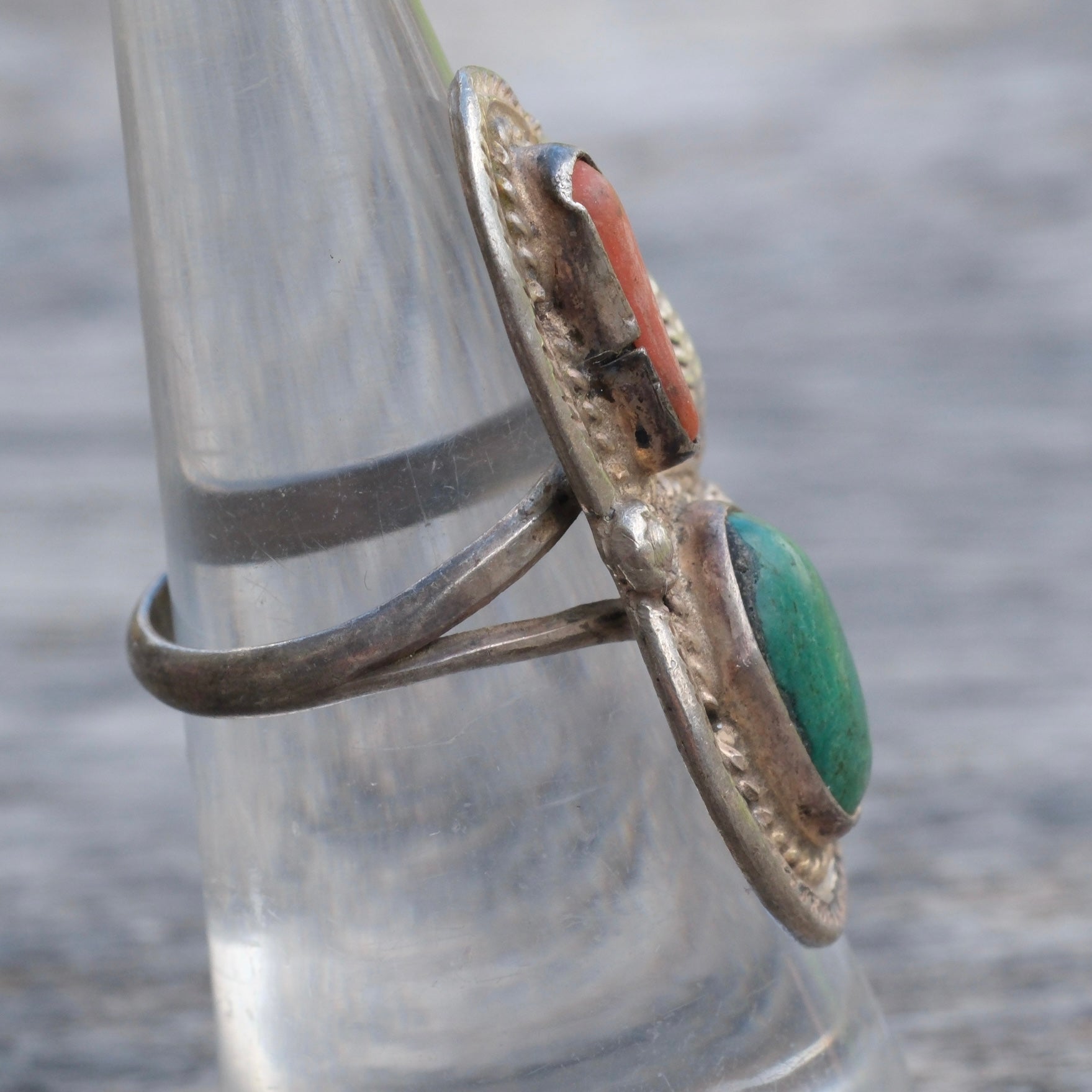 Vintage Sterling Turquoise and Coral Feather Ring 6.5