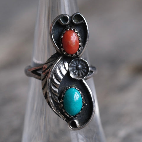 Vintage Sterling Turquoise and Coral Feather Ring 5.75