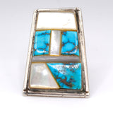 HUGE Vintage Sterling Turquoise and Mother Of Pearl Inlay Ring 5.75