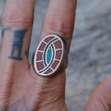Vintage Sterling Crushed Turquoise and Coral Hummingbird Inlay Ring 10.25