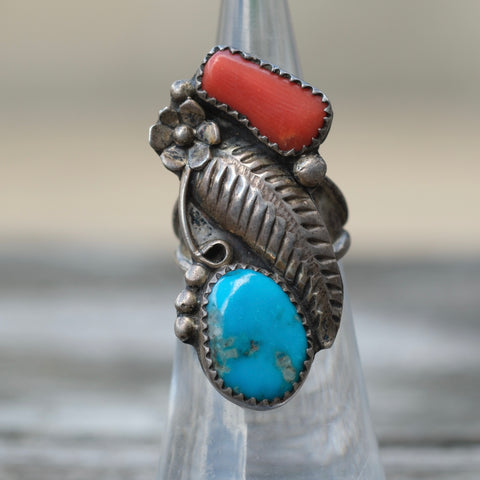 Vintage Sterling Turquoise and Coral Feather Ring 4.5