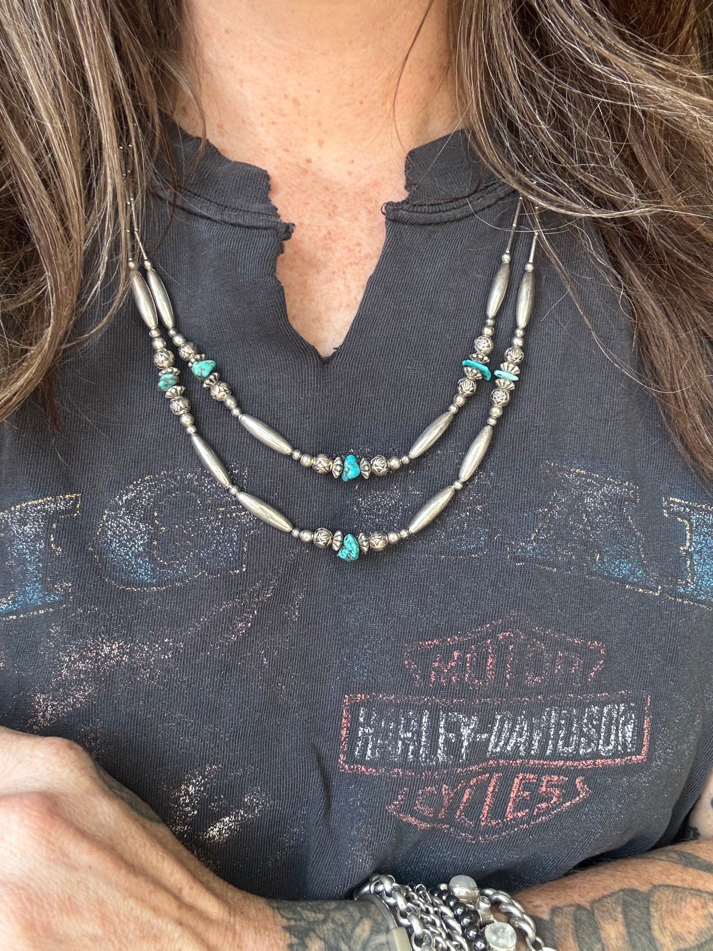 Vintage Raw Turquoise & Sterling Silver Double Strand Liquid Silver Beaded Necklace