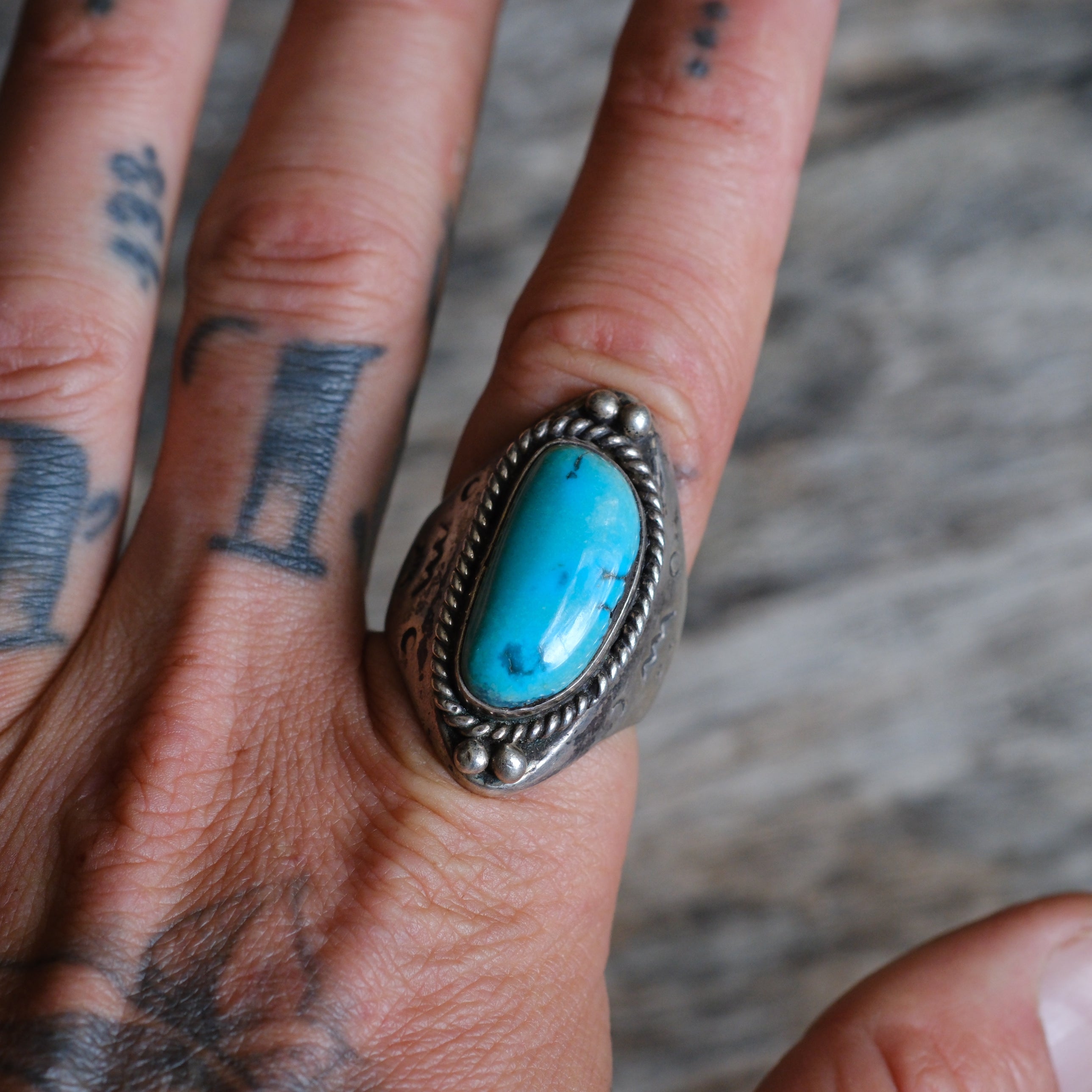 Vintage Sterling Turquoise Stamped Band Ring 10.75