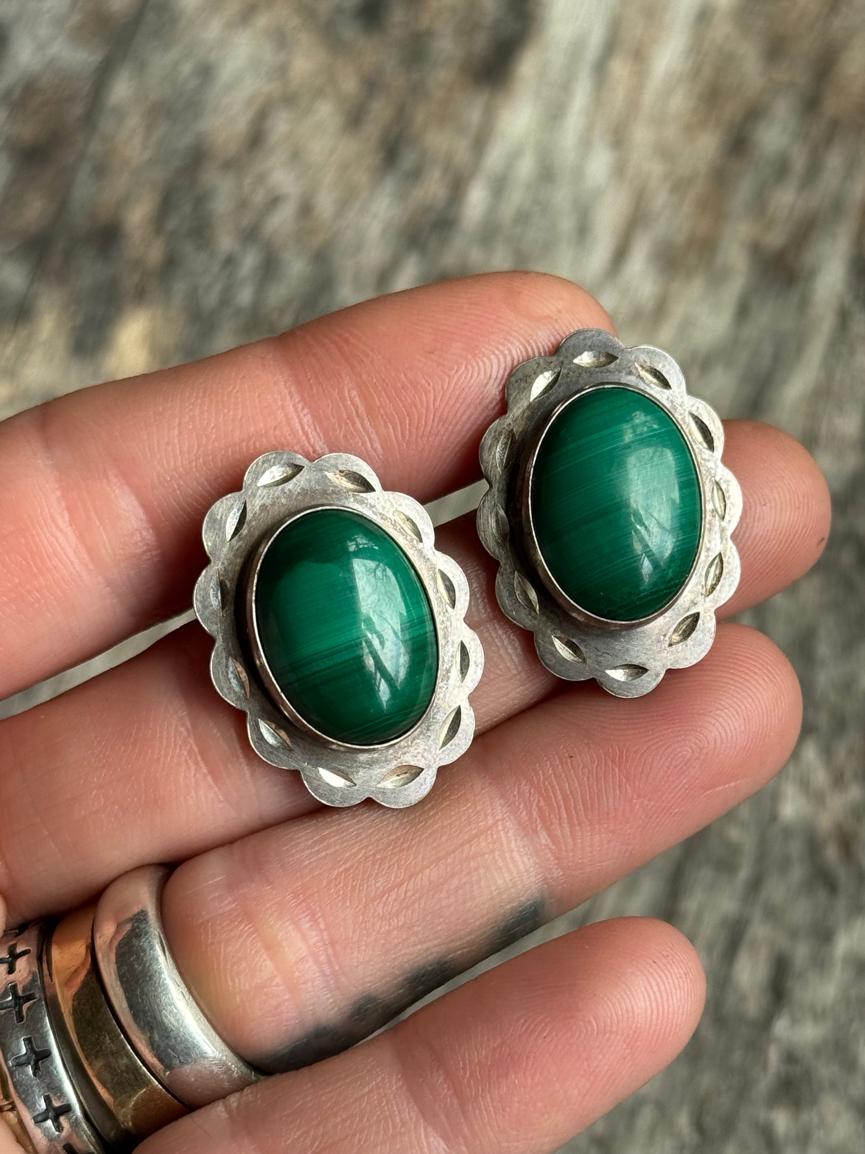 Vintage Sterling Silver Malachite Flower Earrings