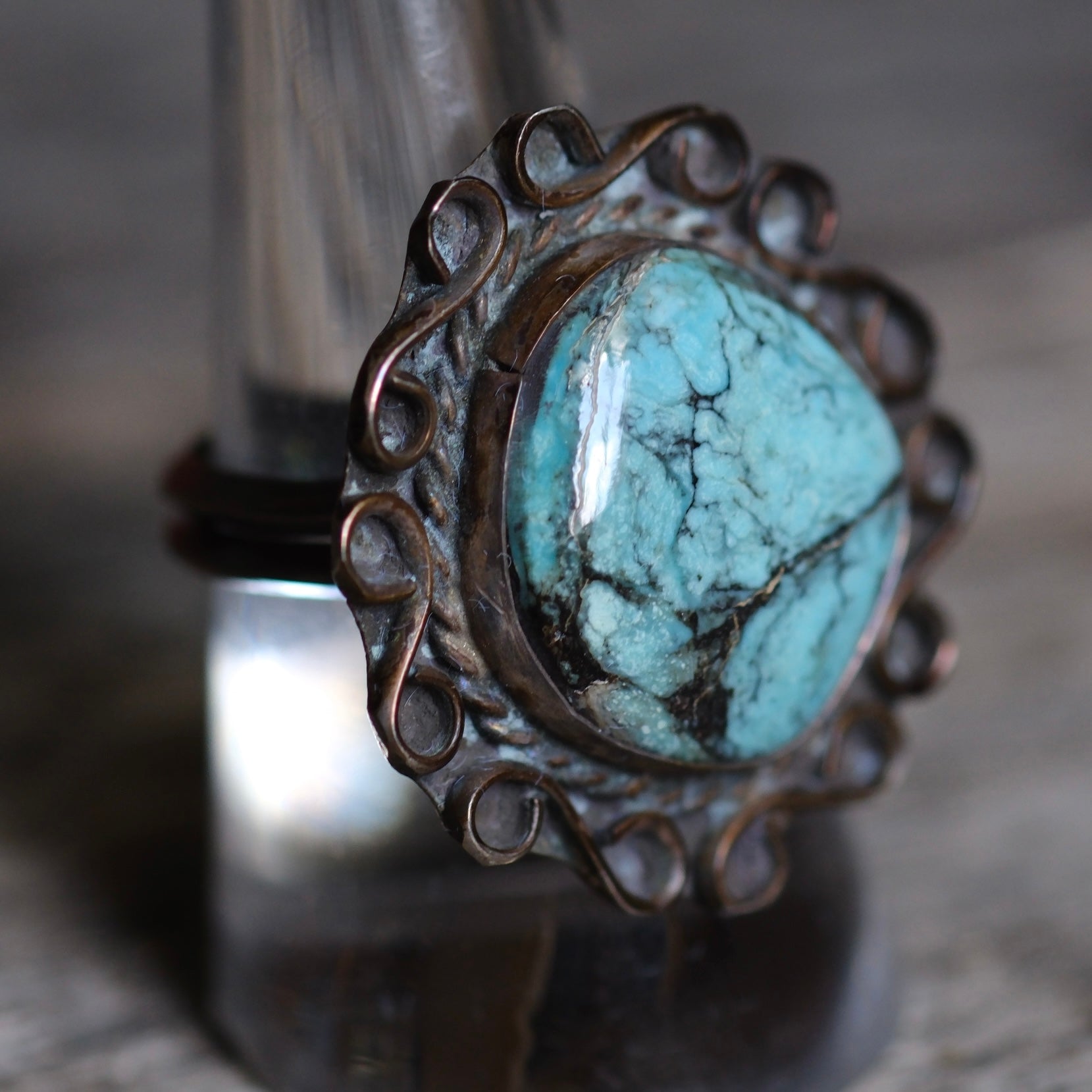 Vintage Sterling Turquoise Florette Ring 9