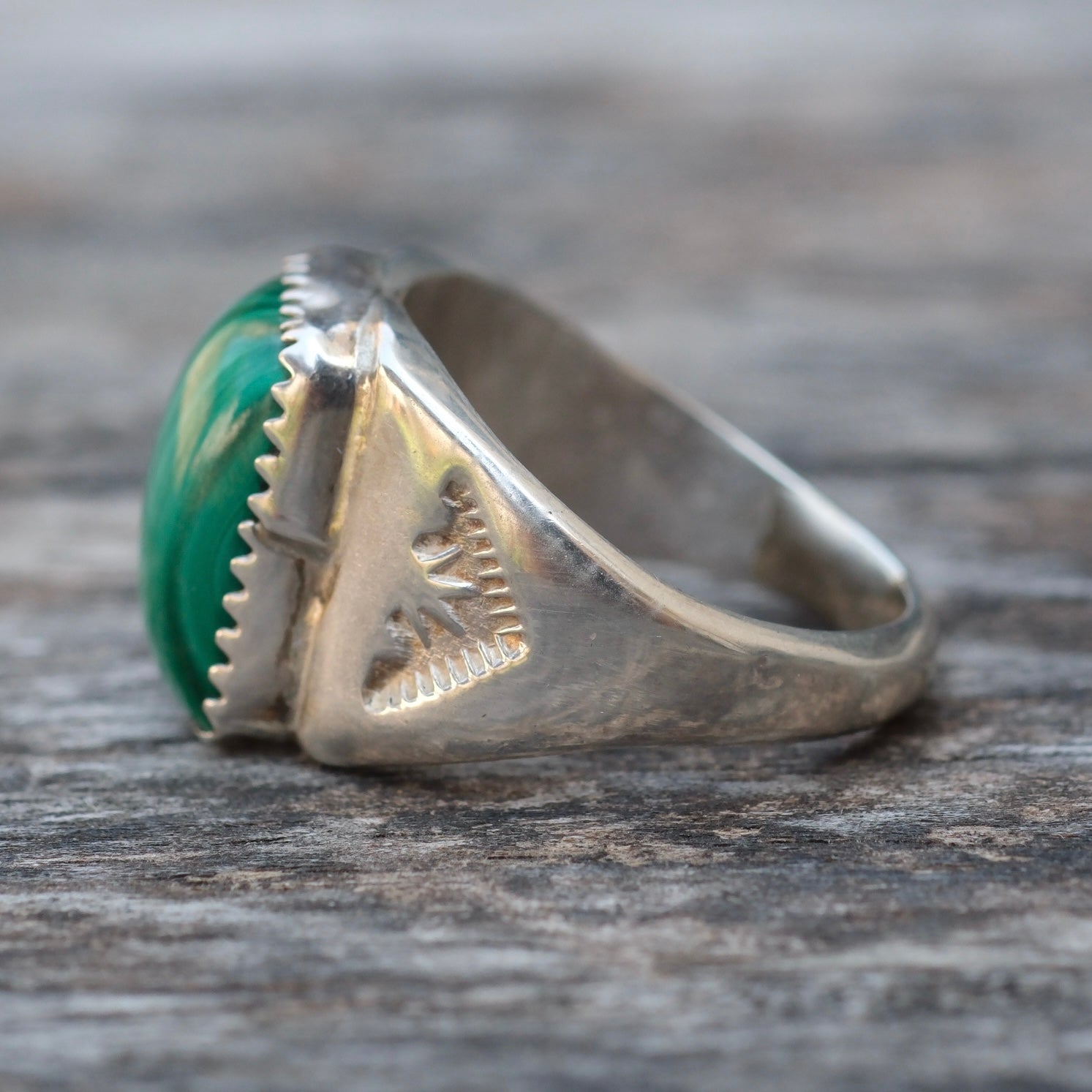 Vintage Sterling Malachite Stamped Band Ring 7.25
