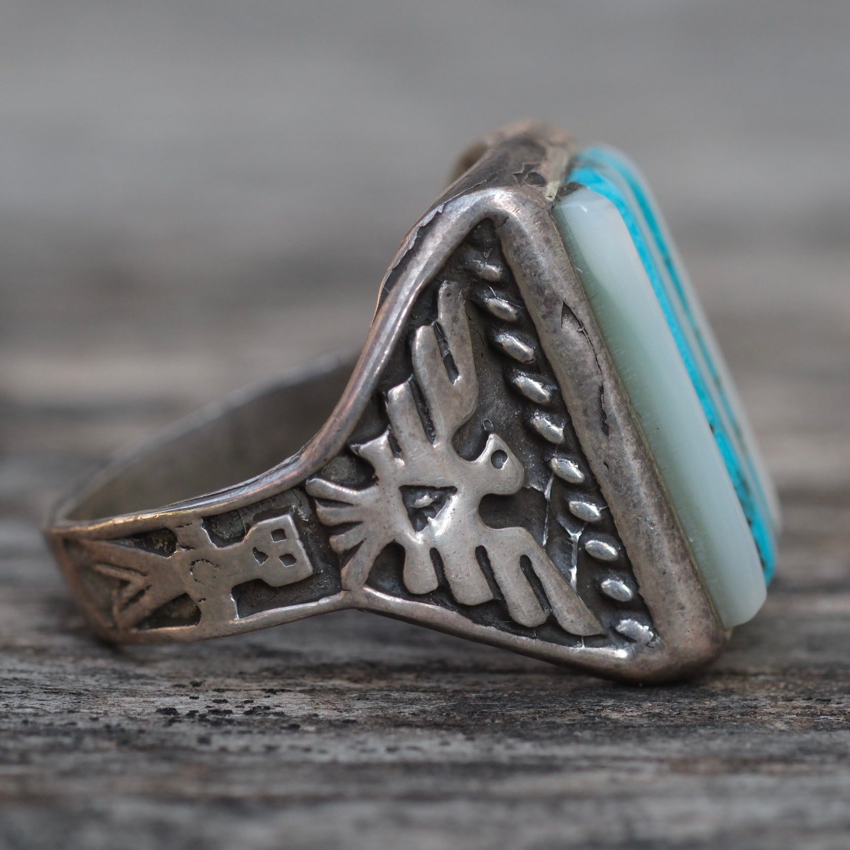 Vintage Sterling Turquoise and Mother Of Pearl Row Inlay Thunderbird Ring 10.25
