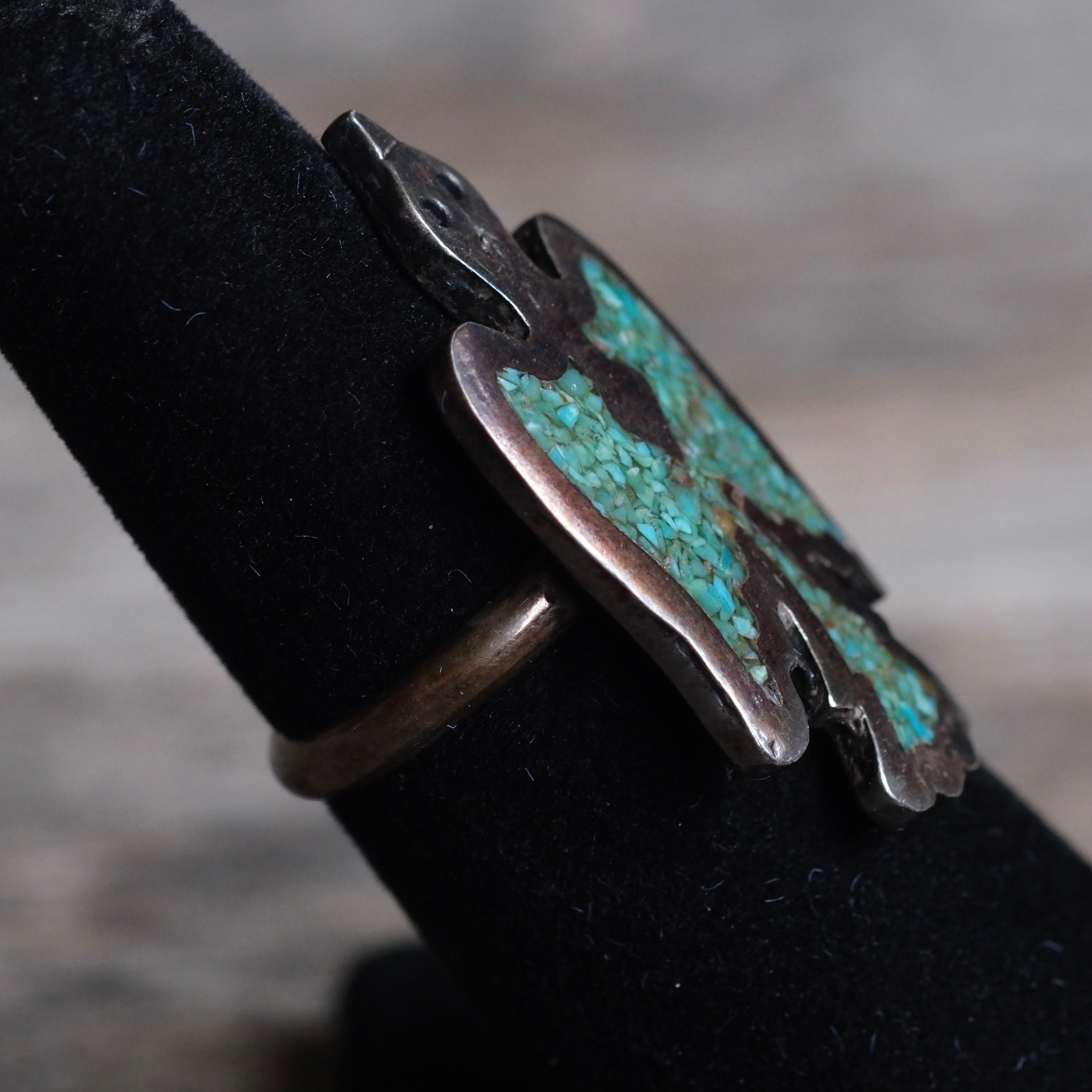 Vintage Sterling Crushed Turquoise Thunderbird Ring 5.5