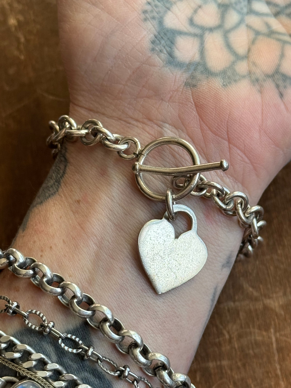 Vintage Sterling Silver 7.75” Heart Tag Cable Toggle Chain