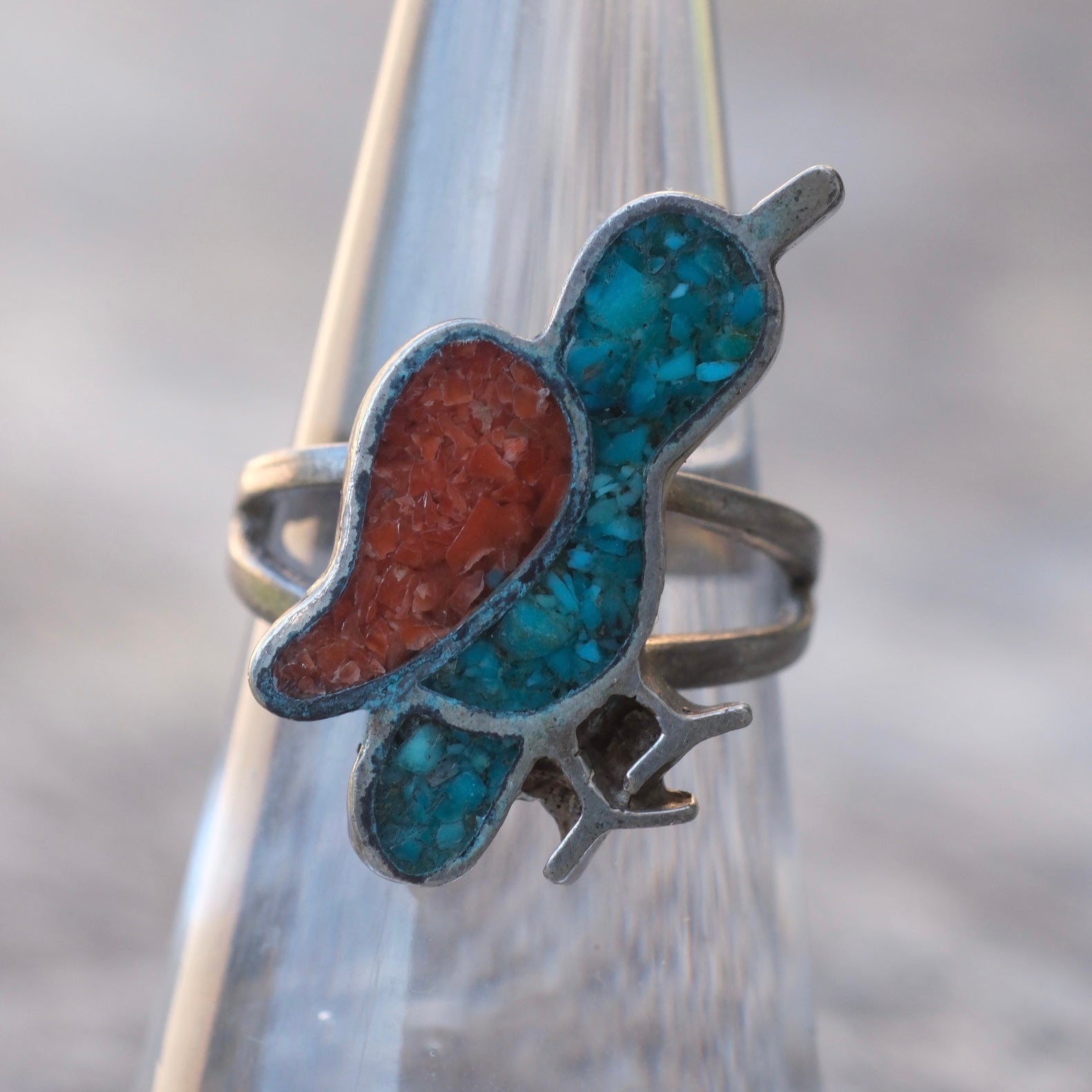 Vintage Sterling Turquoise and Coral Bird Ring 6