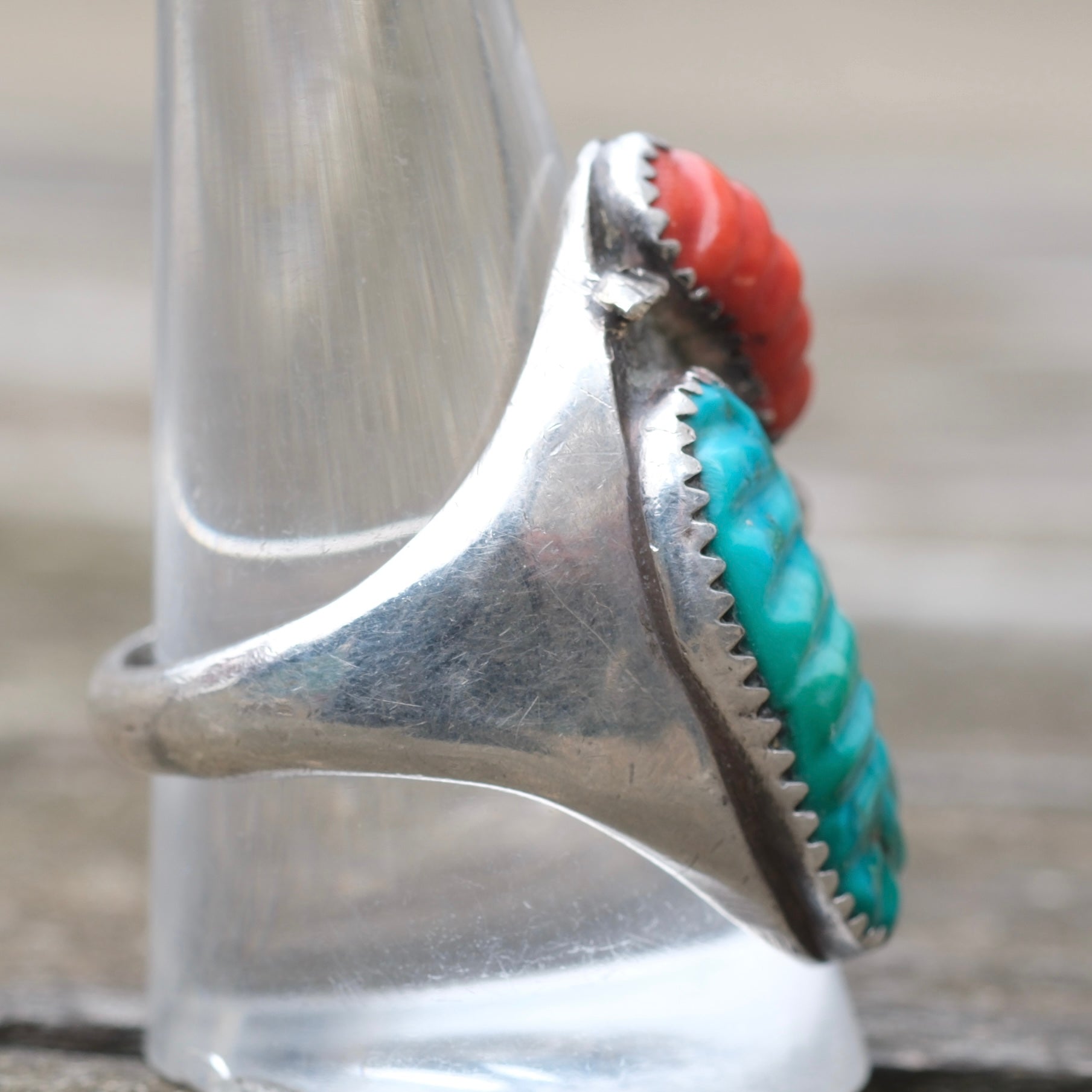 Vintage Sterling Faceted Turquoise and Coral Ring 11