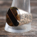 Vintage Sterling Tigers Eye and Onyx Inlay Striper Ring 13.5