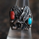 Vintage Sterling Turquoise and Coral Eagle Ring 8.5
